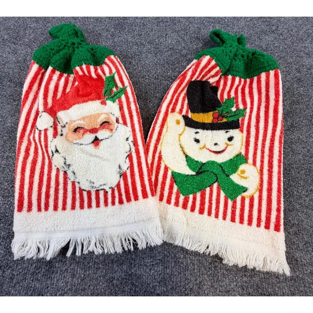 Vintage Christmas Hanging Kitchen Towels Set Santa Snowman Crochet Top 2pc